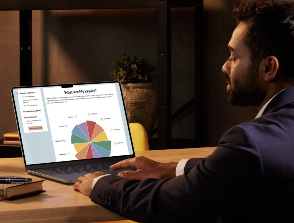 A man in a dark suit sitting at a wooden desk, looking at a laptop screen displaying a colorful results chart and text labeled 'What Are My Results?' in a dimly lit, modern workspace.