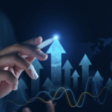 Hand holding a digital pen drawing upward arrows and growth charts on a virtual screen.