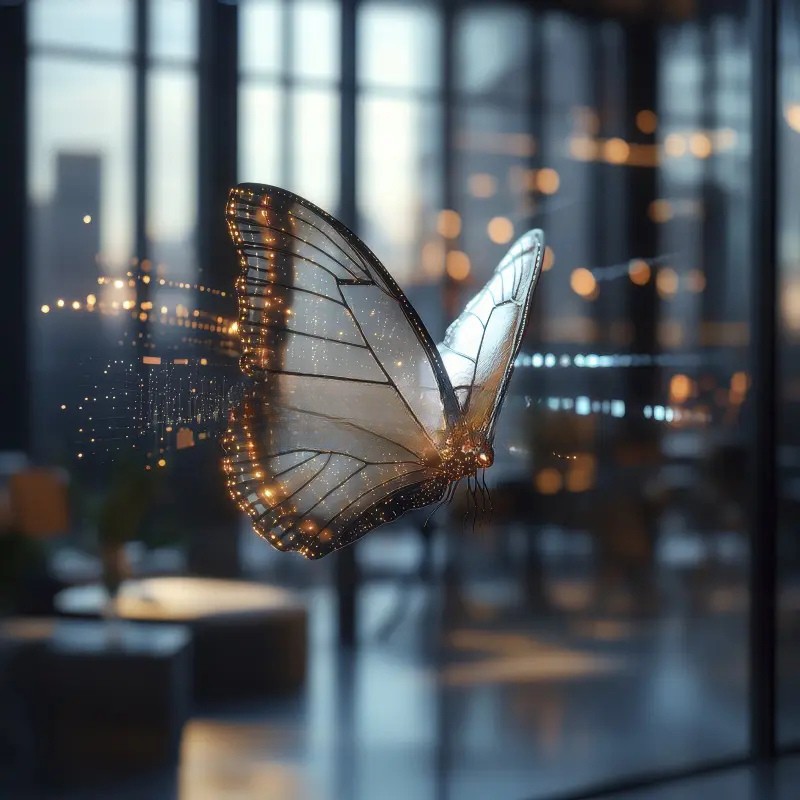 A stylized butterfly with translucent wings outlined in gold and black, emitting trails of golden light particles.