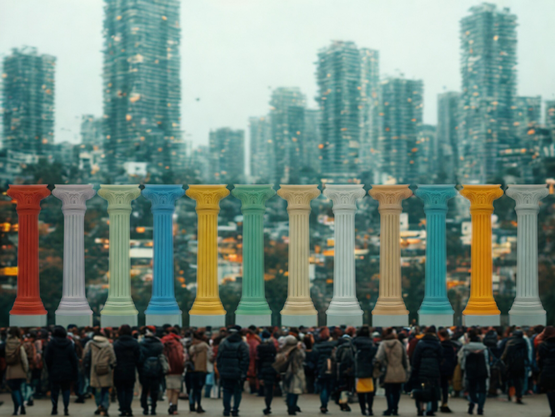 A group of people standing in front of a row of colorful columns with a cityscape of tall buildings in the background.